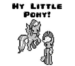 Size: 775x684 | Tagged: safe, artist:polygonical, applejack, rainbow dash, earth pony, pegasus, pony, g4, 8-bit, duo, female, flying, game boy, grayscale, mare, monochrome, pixel art, simple background, song cover, theme song, white background