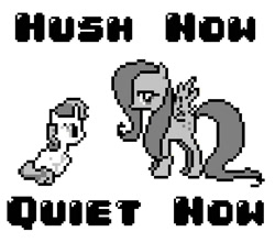 Size: 775x684 | Tagged: safe, artist:polygonical, fluttershy, sweetie belle, pegasus, pony, unicorn, g4, season 1, stare master, 8-bit, duo, female, filly, foal, game boy, grayscale, hush now lullaby, hush now quiet now, mare, monochrome, pixel art, simple background, sitting, song cover, white background