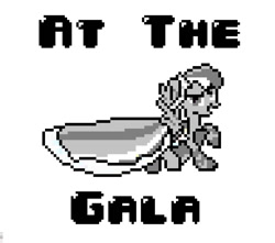 Size: 775x684 | Tagged: safe, artist:polygonical, rainbow dash, pegasus, pony, g4, season 1, the best night ever, 8-bit, at the gala, clothes, cute, dashabetes, dress, female, gala dress, game boy, gown, grayscale, mare, monochrome, nostalgia, pixel art, rainbow dash always dresses in style, rainbow dash's first gala dress, raised hoof, simple background, smiling, smirk, solo, song cover, spread wings, white background, wings