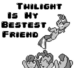 Size: 775x684 | Tagged: safe, artist:polygonical, carrot top, golden harvest, parasol, pinkie pie, twilight sparkle, earth pony, pony, unicorn, g4, season 1, the ticket master, 8-bit, ^^, eyes closed, female, game boy, grayscale, mare, monochrome, pixel art, simple background, song cover, the ticket song, unicorn twilight, white background