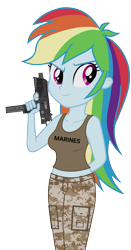 Size: 567x1080 | Tagged: safe, artist:ah96, artist:edy_january, editor:ah96, rainbow dash, human, equestria girls, g4, my little pony equestria girls: better together, belly button, breasts, busty rainbow dash, camouflage, clothes, gun, marine, marines, military, military uniform, mp9, no trigger discipline, simple background, soldier, solo, submachinegun, tank top, tmp, transparent background, uniform, united states, usmc, vulgar description, weapon