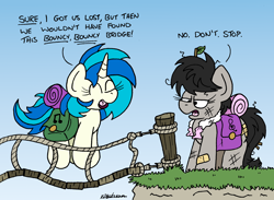 Size: 2348x1716 | Tagged: safe, artist:bobthedalek, dj pon-3, octavia melody, vinyl scratch, earth pony, pony, unicorn, g4, atg 2023, bandaid, bowtie, duo, female, hiking, jumping, mare, messy mane, moments before disaster, newbie artist training grounds, octavia is not amused, octavia's bowtie, rope bridge, this will end in death, this will end in tears, this will end in tears and/or death, unamused