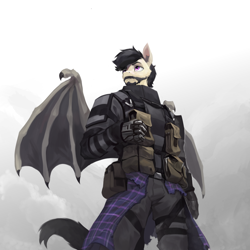 Size: 3000x3000 | Tagged: safe, artist:nsilverdraws, oc, oc only, oc:jackal-macallaidh, bat pony, anthro, amputee, anthro oc, bat pony oc, beard, clothes, commission, facial hair, high res, kilt, military, military uniform, prosthetic limb, prosthetics, science fiction, spacesuit, uniform, wings