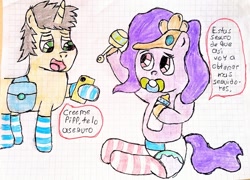 Size: 822x592 | Tagged: safe, artist:bitter sweetness, pipp petals, oc, pegasus, pony, unicorn, g5, abdl, baby bottle, backpack, cellphone, clothes, dialogue, diaper, diaper fetish, fetish, graph paper, non-baby in diaper, pacifier, phone, rattle, socks, striped socks, traditional art