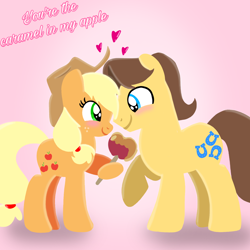 Size: 1400x1400 | Tagged: safe, artist:mlplary6, applejack, caramel, earth pony, pony, g4, applejack's hat, blushing, boyfriend and girlfriend, caramel apple (food), cowboy hat, duo, female, food, gradient background, hat, heart, looking at each other, looking at someone, love, male, mare, romantic, ship:carajack, shipping, smiling, smiling at each other, stallion, straight, text