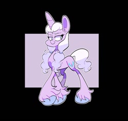 Size: 1350x1276 | Tagged: safe, artist:galaxydream22, opaline arcana, pony, unicorn, g5, alternate universe, female, horn, lidded eyes, looking back, mare, race swap, redesign, signature, smiling, solo, tail, unshorn fetlocks