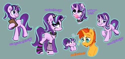 Size: 3692x1756 | Tagged: safe, artist:aanotherpony, starlight glimmer, sunburst, pony, unicorn, g4, choker, duo, ear piercing, edgelight glimmer, emo, eyeshadow, female, fishnet stockings, floating heart, glasses, heart, heart eyes, makeup, male, mare, multeity, piercing, s5 starlight, ship:starburst, shipping, simple background, smiling, spiked choker, stallion, straight, teenage glimmer, teenager, wingding eyes