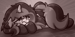 Size: 1092x538 | Tagged: safe, artist:llametsul, oc, oc only, oc:creme cookie, pony, unicorn, atg 2023, depressed, female, mare, monochrome, newbie artist training grounds, sad, signature, solo