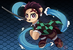 Size: 2198x1521 | Tagged: safe, artist:joaothejohn, pony, anime, clothes, cute, demon slayer, fanart, katana, male, ponified, sword, tanjiro kamado, water, weapon