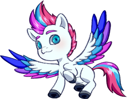 Size: 1085x849 | Tagged: safe, artist:dklmsoda, zipp storm, pegasus, pony, g5, blushing, chibi, female, hoof heart, looking at you, low angle, mare, simple background, solo, spread wings, tail, underhoof, white background, wings