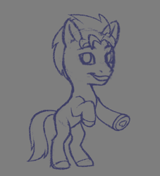 Size: 734x809 | Tagged: safe, artist:dklmsoda, hitch trailblazer, earth pony, pony, g5, chibi, gray background, hoof heart, looking at you, male, monochrome, rearing, simple background, sketch, smiling, solo, stallion, tail, underhoof, wip