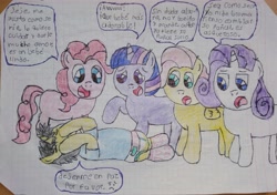 Size: 3859x2710 | Tagged: safe, artist:bitter sweetness, fluttershy, pinkie pie, rarity, twilight sparkle, oc, earth pony, pegasus, pony, unicorn, g4, big eyes, clothes, dialogue, diaper, graph paper, high res, hooves, open mouth, shame, shirt, simple background, socks, striped socks, surprised, traditional art, wet diaper, white background