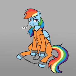 Size: 2048x2048 | Tagged: safe, artist:crypticcervine, rainbow dash, pegasus, pony, g4, bound wings, chained, chains, clothes, commissioner:rainbowdash69, female, frustrated, gradient background, high res, mare, never doubt rainbowdash69's involvement, prison outfit, prisoner rd, shackles, shirt, solo, undershirt, wings