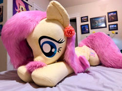 Size: 4032x3024 | Tagged: safe, artist:natureshy, artist:qtpony, fluttershy, pony, g4, flower, irl, lying down, photo, prone, rose, solo, sploot