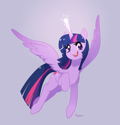 Size: 2893x3014 | Tagged: safe, artist:kaenn, twilight sparkle, alicorn, pony, g4, aside glance, female, flying, glowing, glowing horn, high res, horn, looking at you, magic, mare, open mouth, open smile, raised hoof, simple background, smiling, solo, spread wings, turned head, twilight sparkle (alicorn), wings