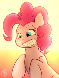Size: 1875x2483 | Tagged: safe, artist:ermecg, pinkie pie, earth pony, pony, g4, big smile, eyes open, simple background, solo, sunset, teeth
