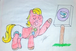 Size: 2851x1917 | Tagged: safe, artist:bitter sweetness, sprout cloverleaf, earth pony, pony, g5, abdl, belt, diaper, diaper fetish, eyes closed, fetish, graph paper, grass, hooves, insignia, non-baby in diaper, open mouth, simple background, traditional art, white background