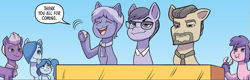 Size: 725x233 | Tagged: safe, artist:abby bulmer, idw, official comic, earth pony, pony, g5, official, spoiler:comic, spoiler:g5comic, spoiler:g5comic13, clothes, cropped, donut, foal, food, glasses, male, scarf, stallion, unnamed character, unnamed pony