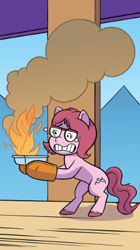 Size: 241x431 | Tagged: safe, artist:abby bulmer, idw, official comic, earth pony, pony, g5, official, spoiler:comic, spoiler:g5comic, spoiler:g5comic13, cropped, female, fire, glasses, mare, standing on two hooves, unnamed character, unnamed pony