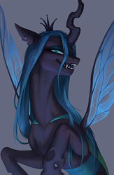 Size: 1950x3000 | Tagged: safe, artist:miurimau, queen chrysalis, changeling, changeling queen, collaboration:meet the best showpony, g4, belly, collaboration, concave belly, crown, fangs, gray background, jewelry, lidded eyes, lighting, looking at you, narrowed eyes, open mouth, open smile, raised hooves, rearing, regalia, shading, simple background, sinister smile, slender, slit pupils, smiling, smiling at you, solo, spread wings, sternocleidomastoid, teeth, thin, wings