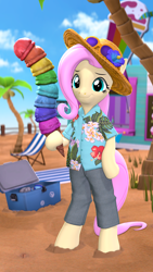 Size: 2160x3840 | Tagged: safe, artist:owlpirate, fluttershy, pegasus, semi-anthro, g4, 3d, 4k, arm hooves, beach, clothes, female, food, hat, hawaiian shirt, high res, hoof hold, ice cream, ice cream cone, looking at you, mare, rainbow ice cream, shirt, smiling, smiling at you, solo, source filmmaker, sun hat, sunglasses, sunglasses on head, taste the rainbow