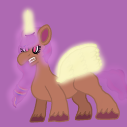 Size: 750x750 | Tagged: safe, artist:mintwhistle, sunny starscout, alicorn, pony, g5, angry, artificial horn, artificial wings, atg 2023, augmented, female, glowing, glowing horn, glowing mane, glowing tail, glowing wings, gritted teeth, horn, magic, magic horn, magic wings, mane stripe sunny, mare, medibang paint, newbie artist training grounds, no catchlights, pink eyes, purple background, race swap, rage, red eyes, red eyes take warning, simple background, solo, spread wings, sunny starscout is not amused, sunnycorn, tail, teeth, this will end in death, this will end in pain, this will end in tears, this will end in tears and/or death, this will not end well, unamused, unshorn fetlocks, wings