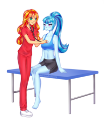 Size: 1260x1530 | Tagged: safe, artist:criseidastar72, sonata dusk, sunset shimmer, human, equestria girls, g4, checkup, clothes, duo, duo female, exam table, female, nurse, nurse shimmer, scrubs (gear), shorts, simple background, sports bra, sports shorts, stethoscope, white background