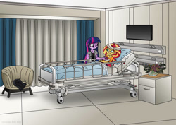 Size: 1063x752 | Tagged: safe, artist:lavenderrain24, sunset shimmer, twilight sparkle, equestria girls, g4, bandage, bed, business suit, checkup, clothes, doctor, hospital, hospital bed, stethoscope