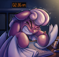 Size: 680x658 | Tagged: safe, artist:zeepheru_pone, cheerilee, earth pony, pony, g4, atg 2023, book, bushy brows, clock, crying, dark background, female, floppy ears, frustrated, gritted teeth, light, mare, newbie artist training grounds, night, paper, pen, solo, teeth, thick eyebrows