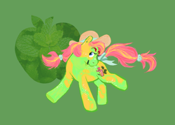 Size: 2048x1463 | Tagged: safe, artist:msponies, earth pony, pony, g4, bow, fusion, fusion:applejack, fusion:minty, green background, hat, ponytail, simple background, solo, tail, tail bow