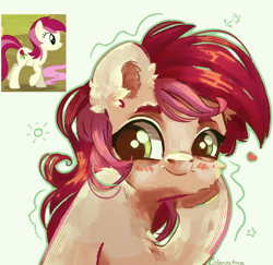 Size: 4000x3893 | Tagged: safe, artist:colorbrush, roseluck, earth pony, pony, g4, blushing, bust, ear fluff, female, heart, mare, portrait, screencap reference, smiling, solo