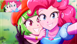 Size: 3334x1934 | Tagged: safe, artist:the-butch-x, screencap, pinkie pie, watermelody, human, equestria girls, five lines you need to stand in, g4, my little pony equestria girls: better together, background human, beret, blushing, bracelet, cheek squish, cheek to cheek, clothes, cute, diapinkes, dress, duo, duo female, female, gloves, grin, hat, hug, jewelry, melodorable, peace sign, scene interpretation, screencap reference, selfie, shirt, signature, smiling, squishy cheeks, sweat, sweatdrop