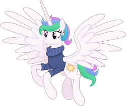 Size: 7125x6020 | Tagged: safe, artist:anime-equestria, princess celestia, alicorn, pony, g4, :3, alternate hairstyle, clothes, cute, cutelestia, female, flying, horn, mare, short mane, simple background, smiling, solo, spread wings, sweater, transparent background, turtleneck, vector, wings