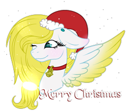 Size: 1065x936 | Tagged: safe, artist:angellightyt, oc, oc only, oc:angel light, pegasus, pony, bell, bell collar, blushing, bust, christmas, collar, eyelashes, female, hat, holiday, mare, merry christmas, one ear down, one eye closed, pegasus oc, santa hat, simple background, smiling, solo, spread wings, transparent background, wings, wink
