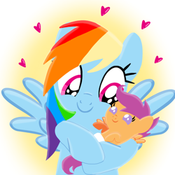 Size: 1400x1400 | Tagged: safe, artist:mlplary6, rainbow dash, scootaloo, pegasus, pony, fanfic:my little scootaloo, g4, adopted offspring, baby, baby pony, baby scootaloo, carrying, diaper, duo, female, filly, foal, heart, looking at each other, looking at someone, mare, momma dash, mother and child, mother and daughter, parent:rainbow dash, scootadoption, scootalove, smiling, smiling at each other, younger