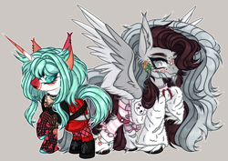 Size: 4424x3136 | Tagged: safe, artist:justsadluna, oc, oc only, pegasus, pony, unicorn, clothes, colored wings, duo, female, hoof on chest, horn, male, mare, pegasus oc, raised hoof, smiling, stallion, two toned wings, unicorn oc, unshorn fetlocks, wings