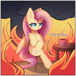 Size: 2400x2400 | Tagged: safe, artist:miryelis, fluttershy, pegasus, pony, g4, big ears, burning, chair, cup, cute, female, fire, high res, long hair, mare, meme, ponified, redraw, shyabetes, signature, sitting, smiling, smoke, solo, text, this is fine, wings
