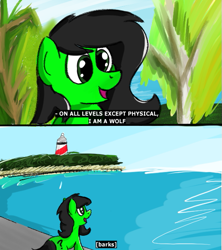 Size: 499x562 | Tagged: safe, artist:nonnyanon, oc, oc only, oc:filly anon, earth pony, pony, 2 panel comic, barking, comic, drawthread, female, filly, foal, lighthouse, meme, ocean, ponified meme, solo, subtitles, water