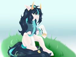 Size: 4000x3000 | Tagged: safe, artist:hell-fire13, oc, oc only, bird, chicken, pony, clothes, grass, horns, sitting, solo