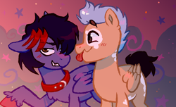 Size: 1780x1080 | Tagged: safe, artist:w31rdb0x, oc, oc only, oc:dawn chaser, oc:onyx, pegasus, pony, abstract background, blushing, coat markings, collar, colored hooves, commission, cute, evening, floppy ears, gay, male, oc x oc, pegasus oc, shipping, stallion, tongue out, two toned mane, unshorn fetlocks, wings, ych result