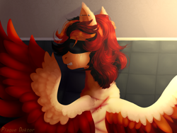 Size: 4000x3000 | Tagged: safe, artist:hell-fire13, oc, oc only, pegasus, pony, blindfold, bust, colored wings, gritted teeth, male, male oc, pegasus oc, solo, spread wings, stallion, teeth, two toned wings, wings