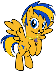 Size: 600x765 | Tagged: safe, artist:muhammad yunus, oc, oc only, oc:flare spark, pegasus, pony, g4, backwards cutie mark, element of harmony, female, female oc, flying, looking at you, mare, mare oc, pegasus oc, pony oc, simple background, smiling, smiling at you, solo, spread wings, transparent background, wings, yellow coat
