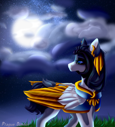 Size: 2724x3000 | Tagged: safe, artist:hell-fire13, oc, oc only, pegasus, pony, cloud, colored wings, eyelashes, female, full moon, high res, looking back, mare, moon, outdoors, pegasus oc, signature, solo, two toned wings, wings