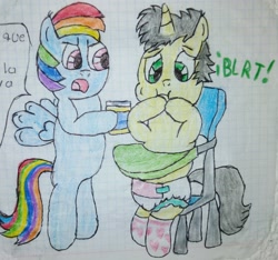 Size: 2611x2440 | Tagged: safe, artist:bitter sweetness, rainbow dash, oc, pegasus, pony, unicorn, g4, abdl, chair, clothes, diaper, diaper fetish, disgusted, fetish, gagging, graph paper, high res, highchair, non-baby in diaper, open mouth, scolding, socks, striped socks, traditional art