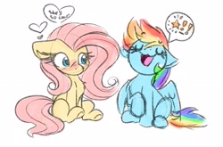 Size: 2546x1683 | Tagged: safe, artist:lbrcloud, fluttershy, rainbow dash, pegasus, pony, g4, blushing, chest fluff, colored sketch, cute, duo, duo female, eyes closed, female, floppy ears, heart shaped, lesbian, mare, open mouth, open smile, pictogram, ship:flutterdash, shipping, shyabetes, simple background, sitting, sketch, smiling, speech bubble, thought bubble, white background