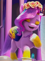 Size: 702x950 | Tagged: safe, screencap, pipp petals, pegasus, pony, bridlewoodstock (make your mark), g5, my little pony: make your mark, my little pony: make your mark chapter 4, spoiler:g5, spoiler:my little pony: make your mark, spoiler:my little pony: make your mark chapter 4, spoiler:mymc04e01, bridlewoodstock, clothes, cropped, decoration, eyeliner, female, floral head wreath, flower, hoof on chest, makeup, mare, open mouth, rainbow, solo, stockings, thigh highs