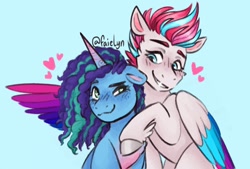 Size: 1296x877 | Tagged: safe, artist:faielyn, misty brightdawn, zipp storm, pegasus, pony, unicorn, g5, blue background, blushing, cornrows, cyan background, duo, female, heart, heart eyes, hug, lesbian, mare, ship:dawnstorm, shipping, simple background, wingding eyes