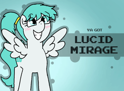 Size: 800x592 | Tagged: safe, artist:soupafterdark, oc, oc only, oc:lucid mirage, pegasus, pony, banned from equestria daily, accessory, blue background, blushing, commission, commissioner:dhs, cute, female, gradient background, grin, hair accessory, mare, pegasus oc, pony oc, smiling, solo, splash art, tail, text, wings, ya got