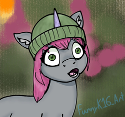 Size: 1092x1027 | Tagged: safe, artist:funnyk16, mint grove, pony, unicorn, g5, draw this in your style, ear fluff, female, hat, horn, mare, open mouth, scene interpretation, signature, solo, wide eyes