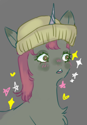 Size: 1422x2048 | Tagged: safe, artist:sleepybooo, mint grove, pony, unicorn, g5, my little pony: a new generation, blush lines, blushing, chest fluff, draw this in your style, female, floating heart, hat, heart, horn, mare, open mouth, scene interpretation, simple background, solo, sparkles, stars, wide eyes